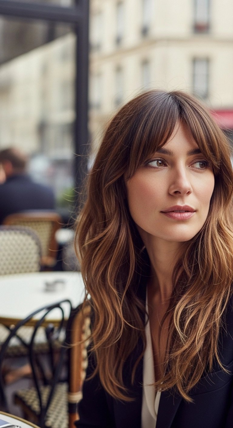 French Girl Long Layers with Bottleneck Bangs