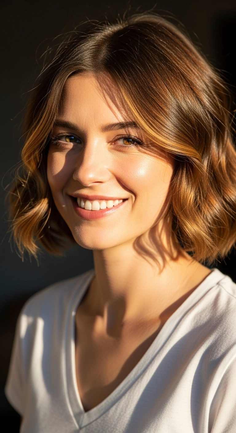 Sunlit Honey Balayage Wavy Bob