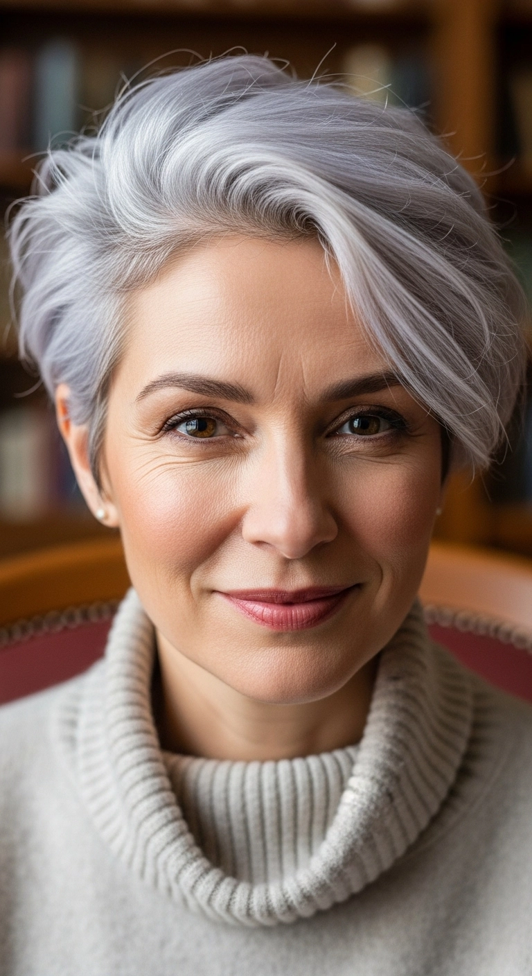Voluminous Silver Pixie with Side-Swept Layers