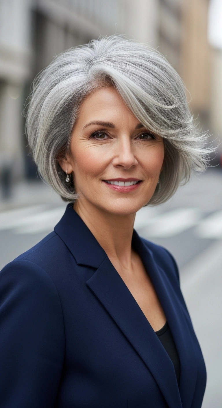 Voluminous Silver Layered Bob with Sweeping Fringe