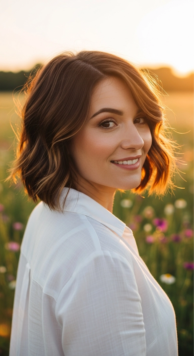 Tousled Chocolate Brown Bob with Subtle Warm Caramel Balayage