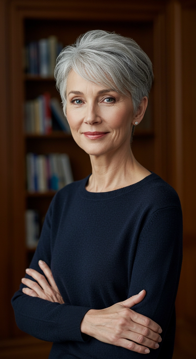 Chic Silver Layered Pixie Cut with Side-Swept Bangs