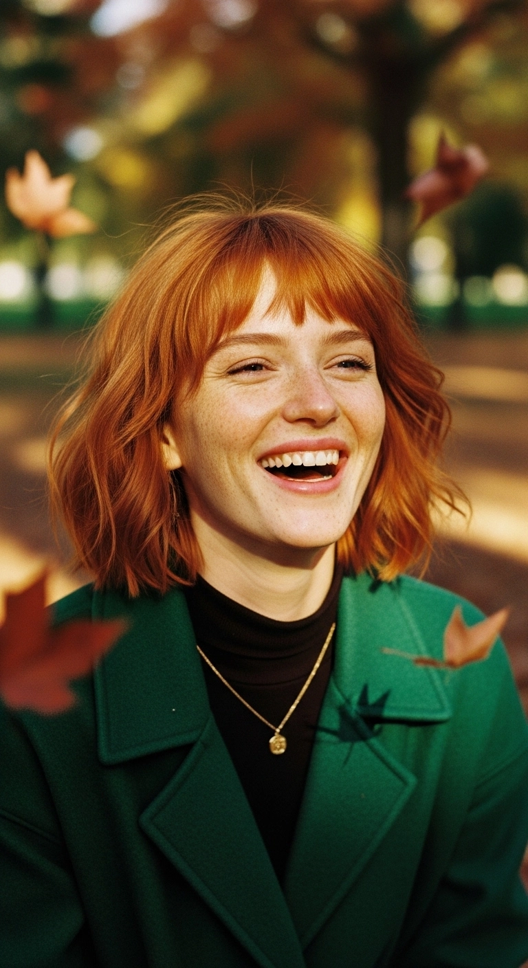 Effortless Warm Copper Textured Lob with Wispy Bangs