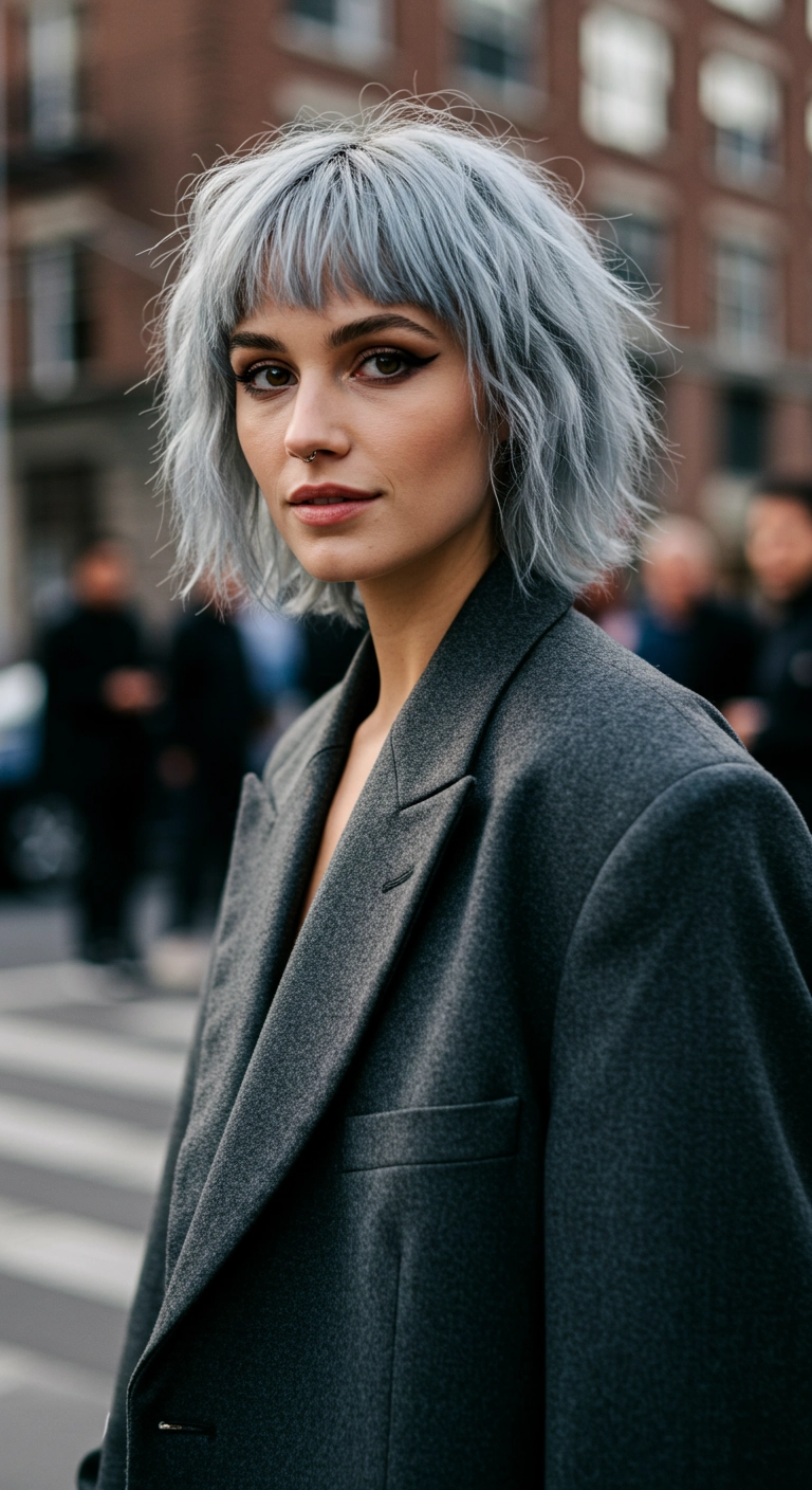 Icy Silver Choppy Bob with Piecey Fringe