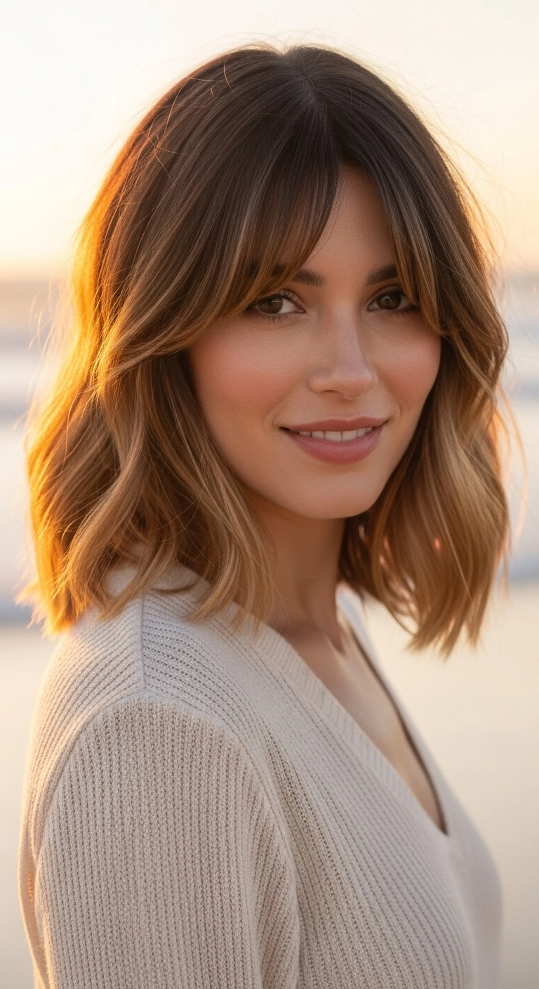 Sun-Kissed Caramel Balayage Lob with Bottleneck Bangs