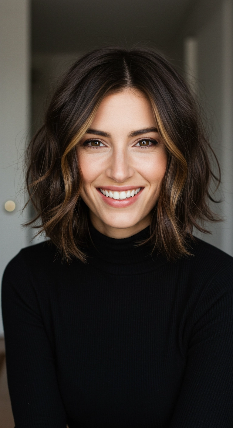 Textured Brunette Lob with Honey Money Piece