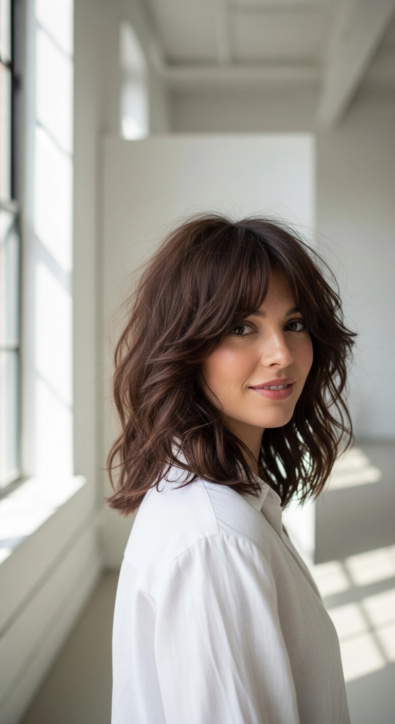 Textured Chocolate Brown Lob with Bouncy Curtain Bangs