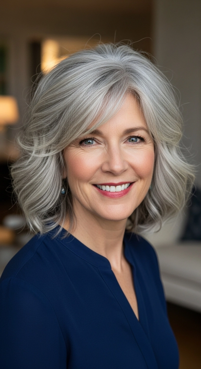 Bouncy Layered Silver Bob with Side-Swept Bangs