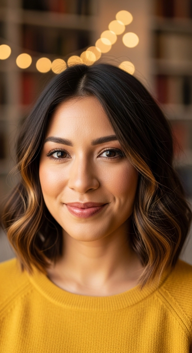 Honey Balayage Wavy Lob with Face-Framing Glow