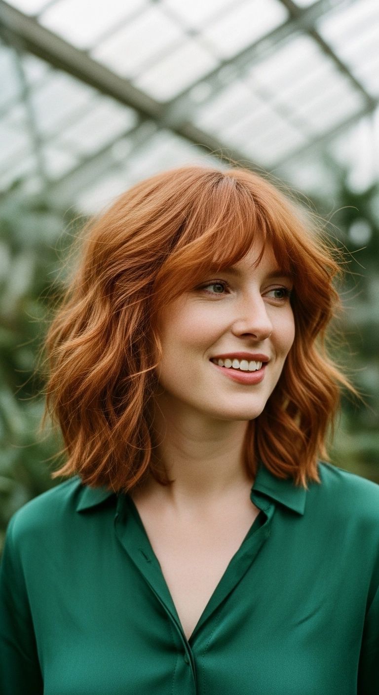 Textured Copper Lob with Wispy Curtain Bangs