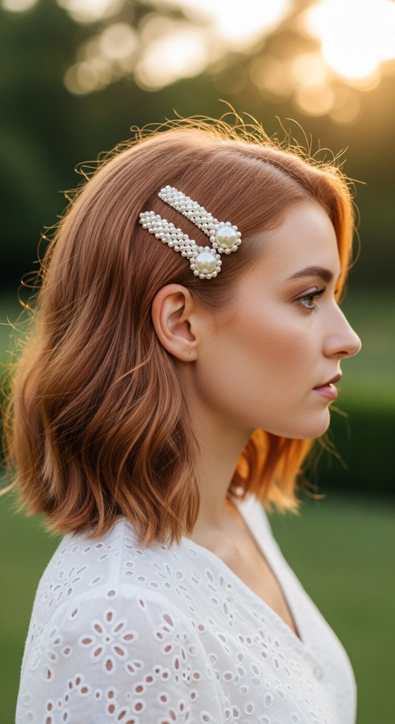 Wavy Copper Lob with Pearl Clip Accents