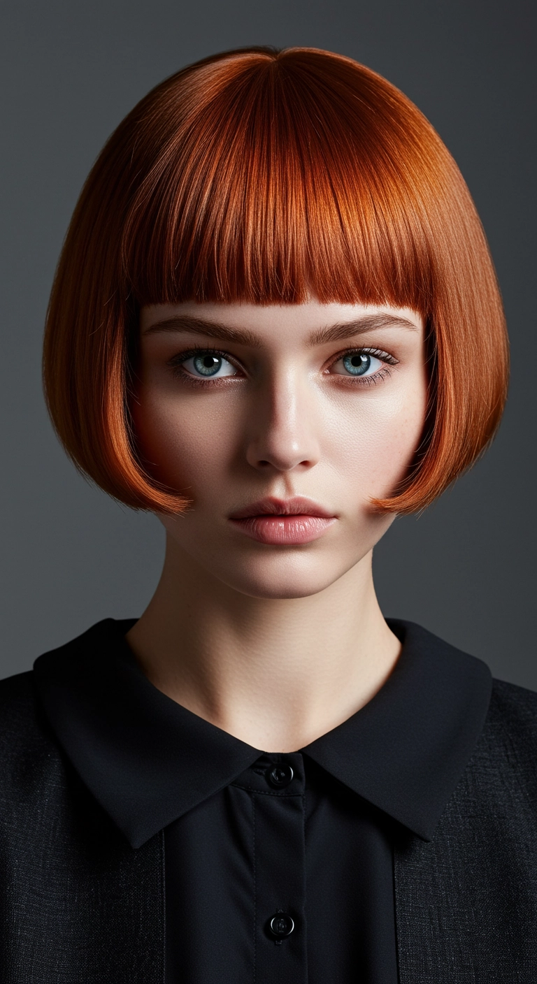 Sleek Copper French Bob with Blunt Bangs