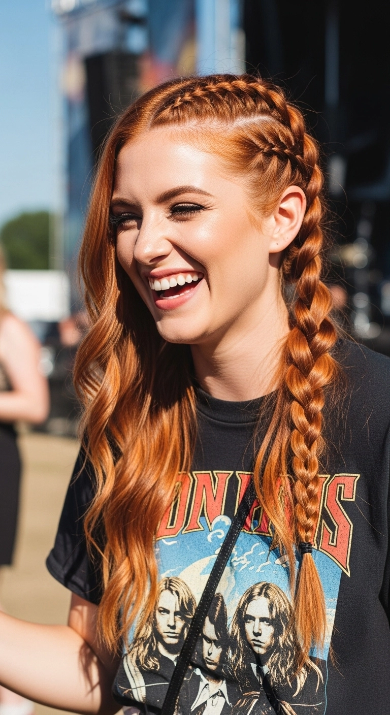Copper Double Dutch Side Braids with Loose Waves