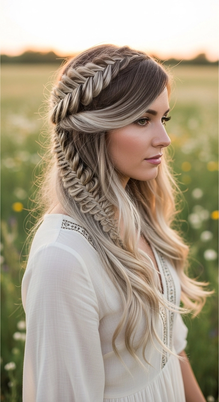 Boho Crown Fishtail Braid Half-Up Style on Ash Blonde Hair