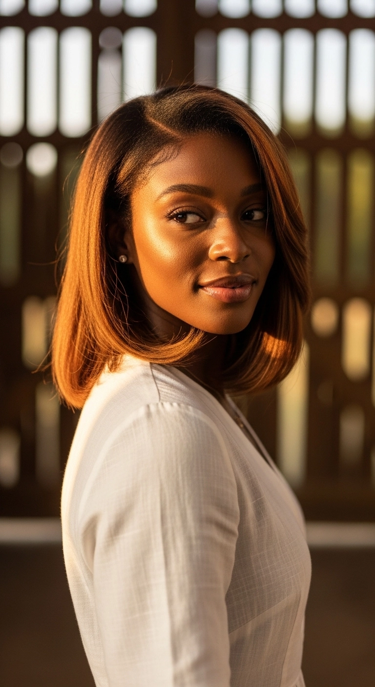 Honey Caramel Silk Press Lob with Side Sweep
