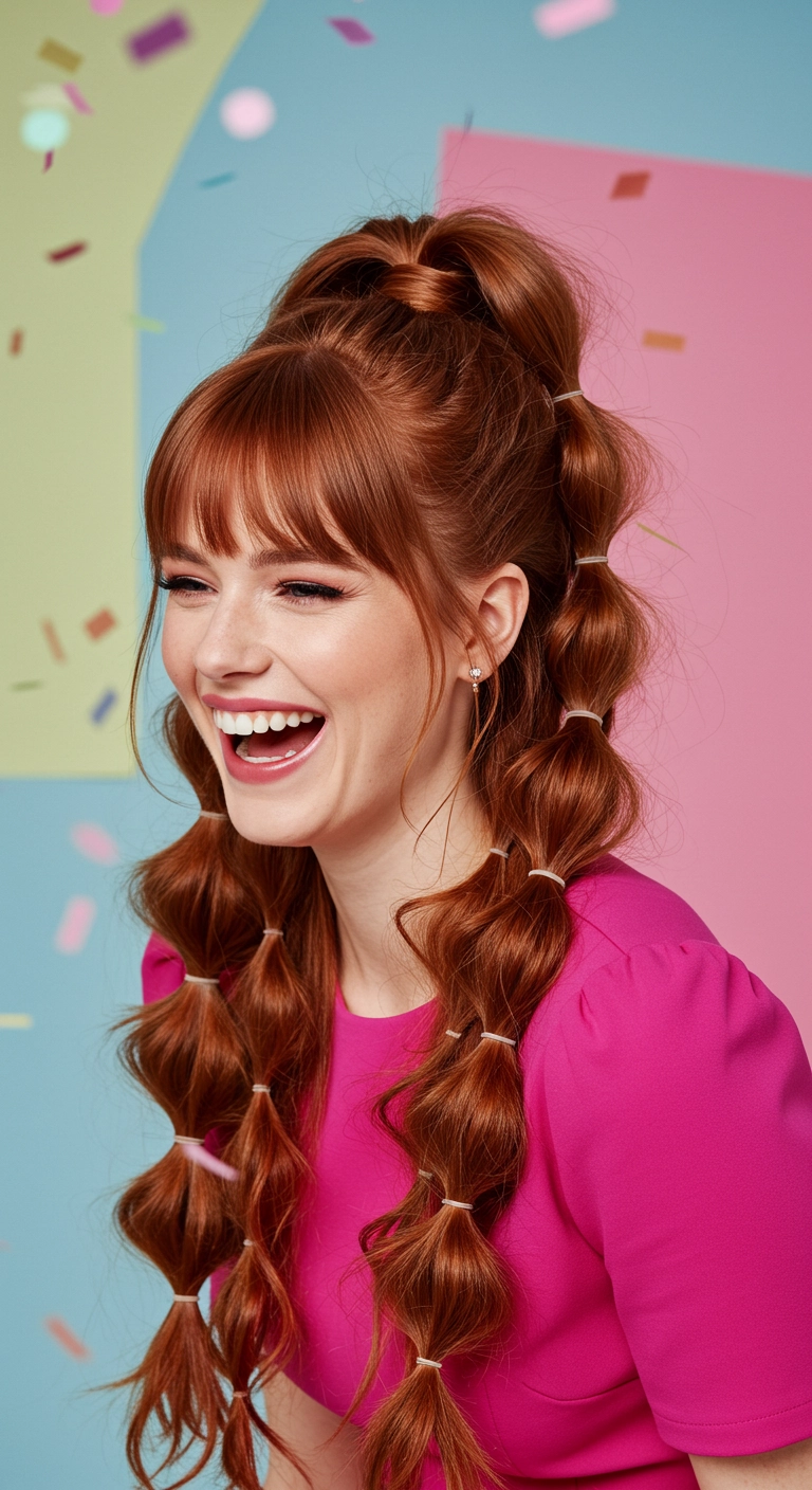 Vibrant Copper Half-Up Bubble Ponytail with Bangs