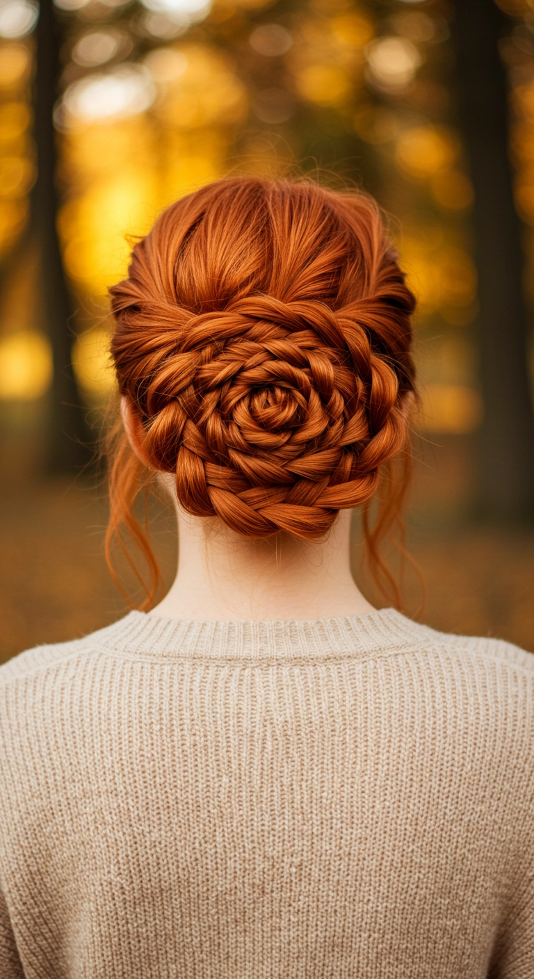Copper Braided Rose Low Bun Updo