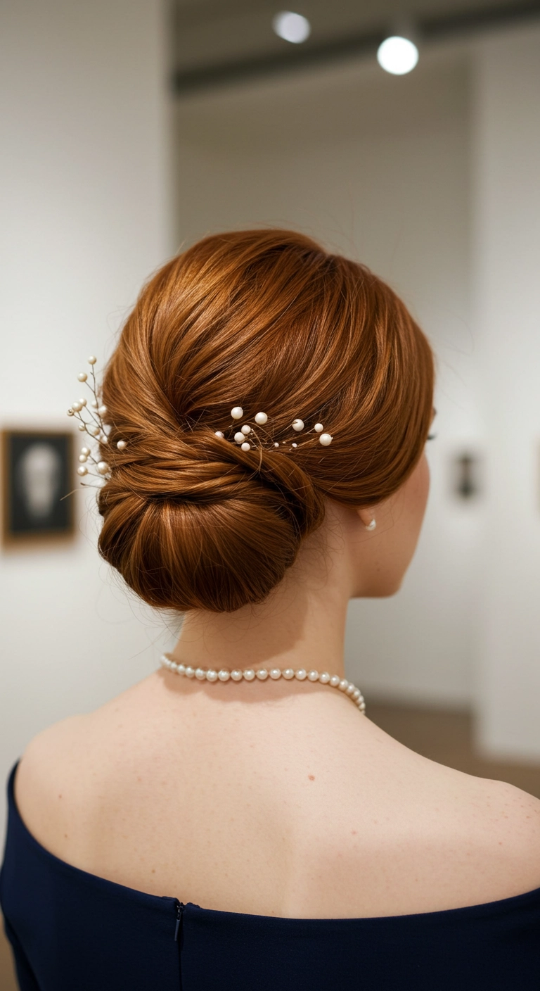 Elegant Polished Low Chignon with Pearl Accents on Copper Hair