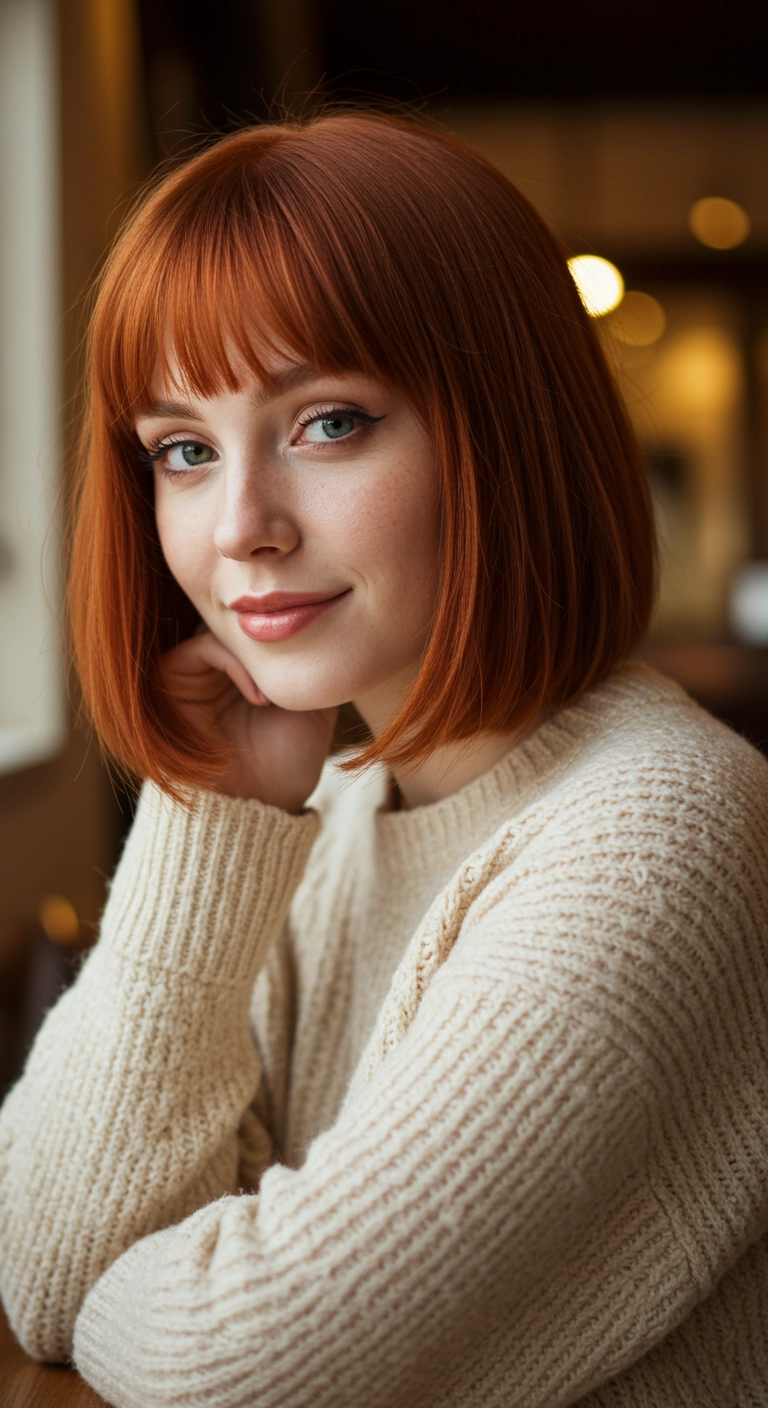 Vibrant Copper French Bob with Eyebrow-Grazing Bangs
