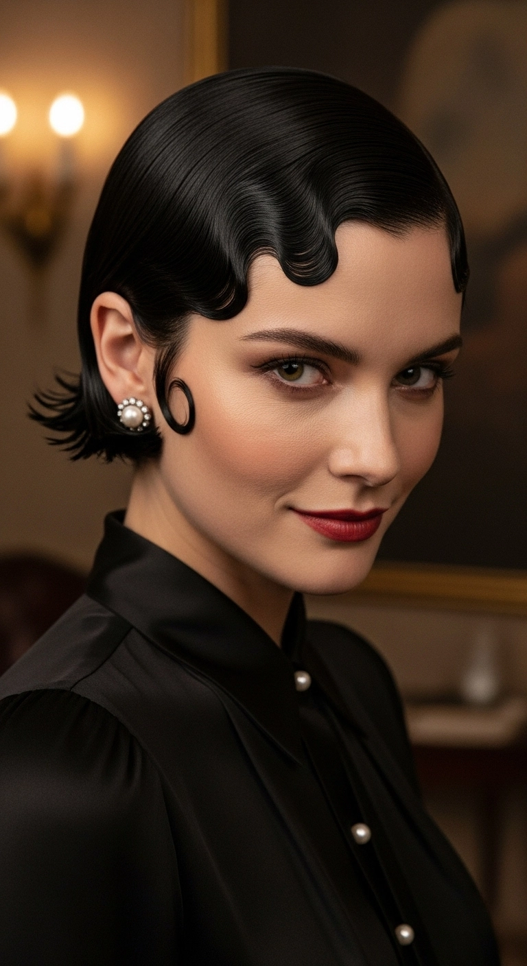 Sculpted 1920s Jet Black Finger Waves with Cheek Kiss Curl