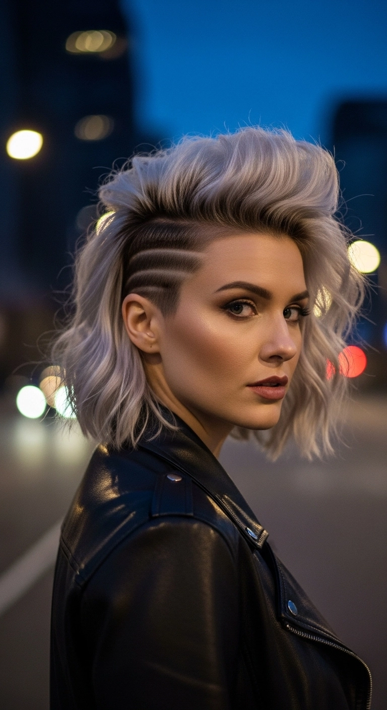 Icy Platinum Textured Bob with Shaved Line Art Undercut