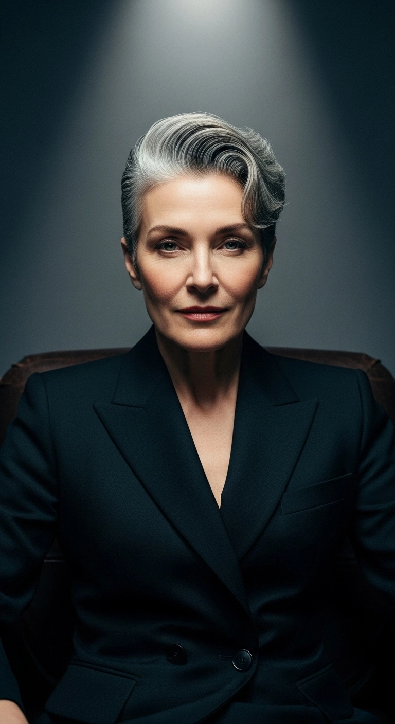 Sculpted Silver Pompadour Pixie for Mature Women