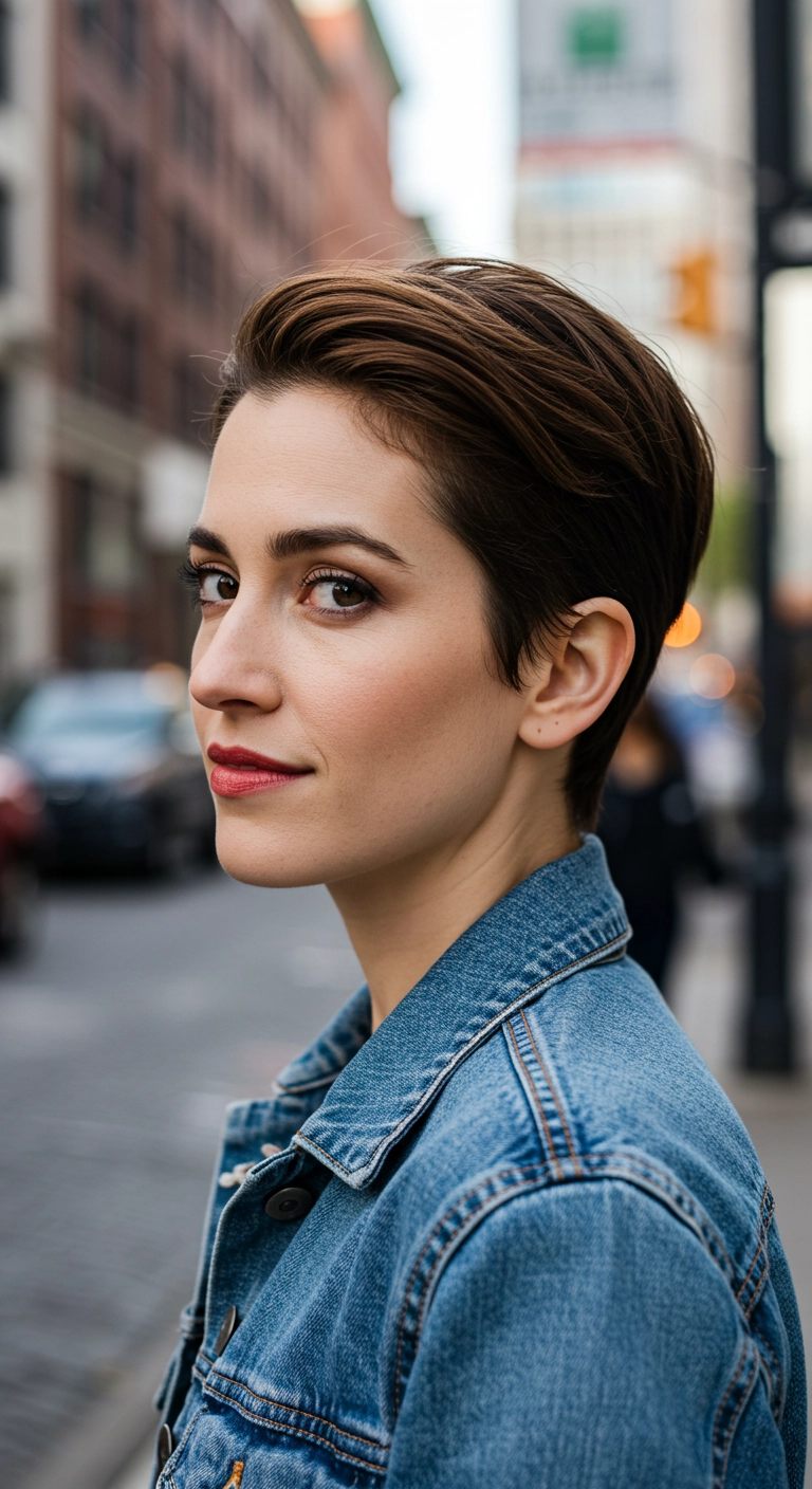 Chic Swept-Back Brunette Pixie Cut