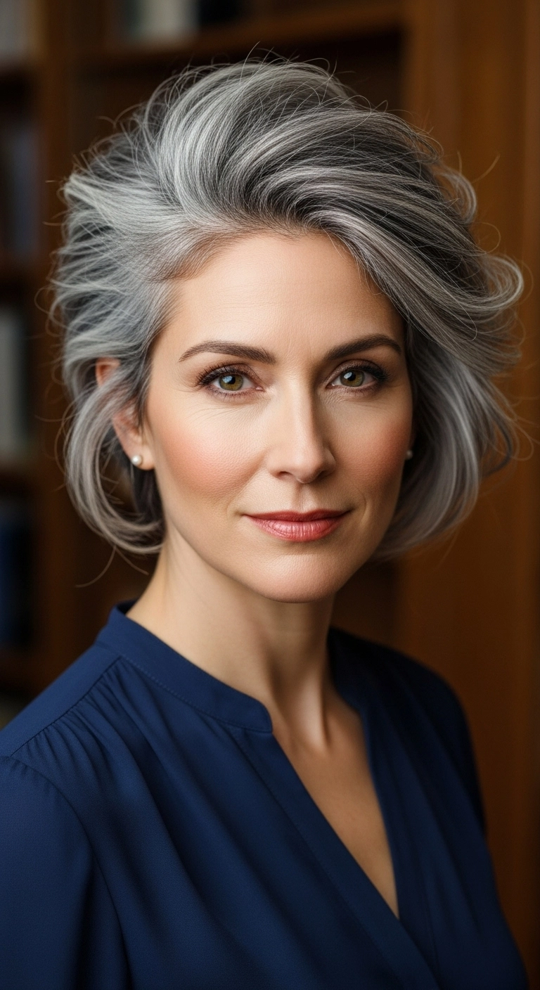 Voluminous Silver-Grey Layered Swept-Back Bob