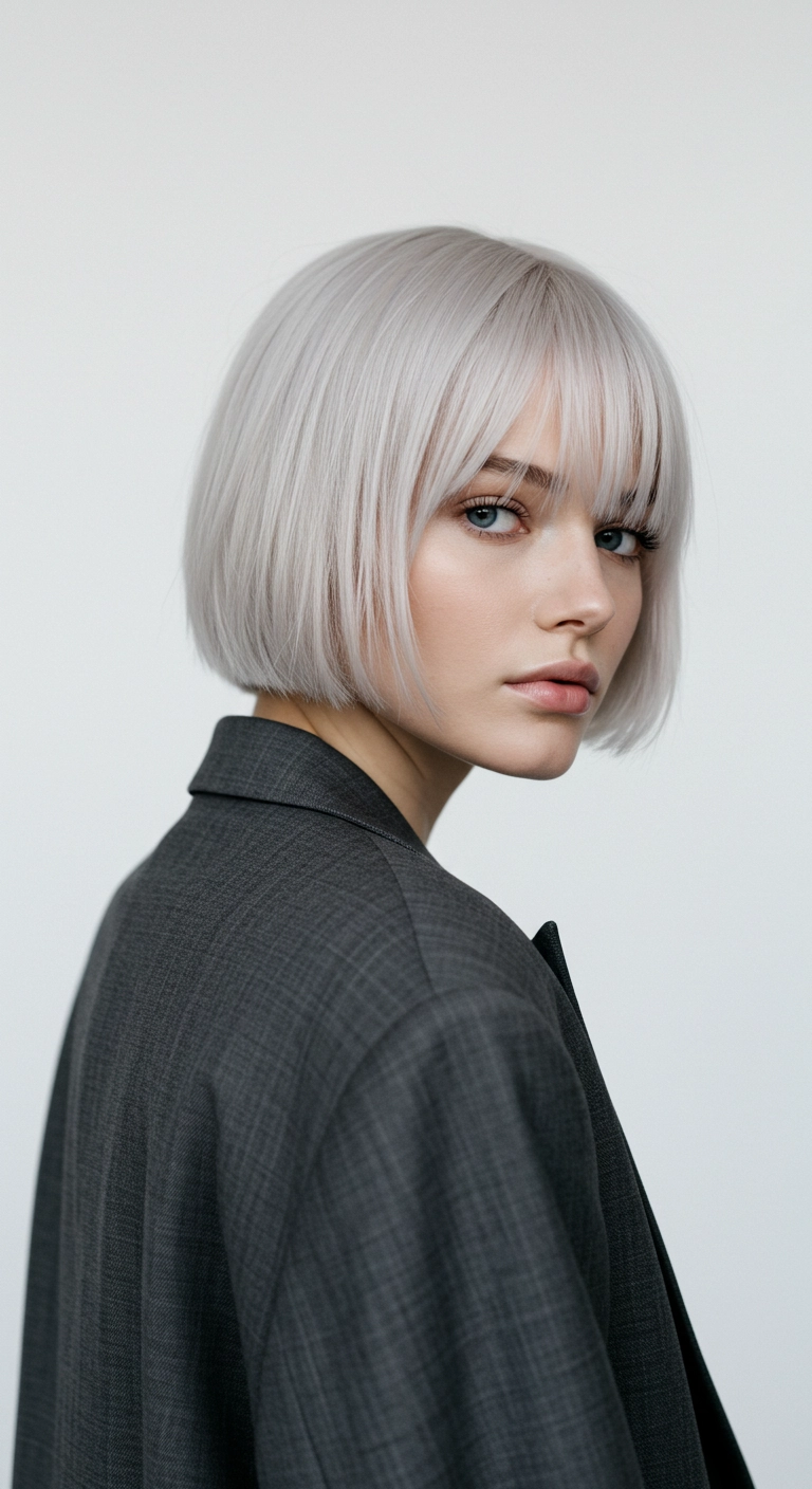 Icy Platinum Blunt Jawline Bob with Wispy Bangs