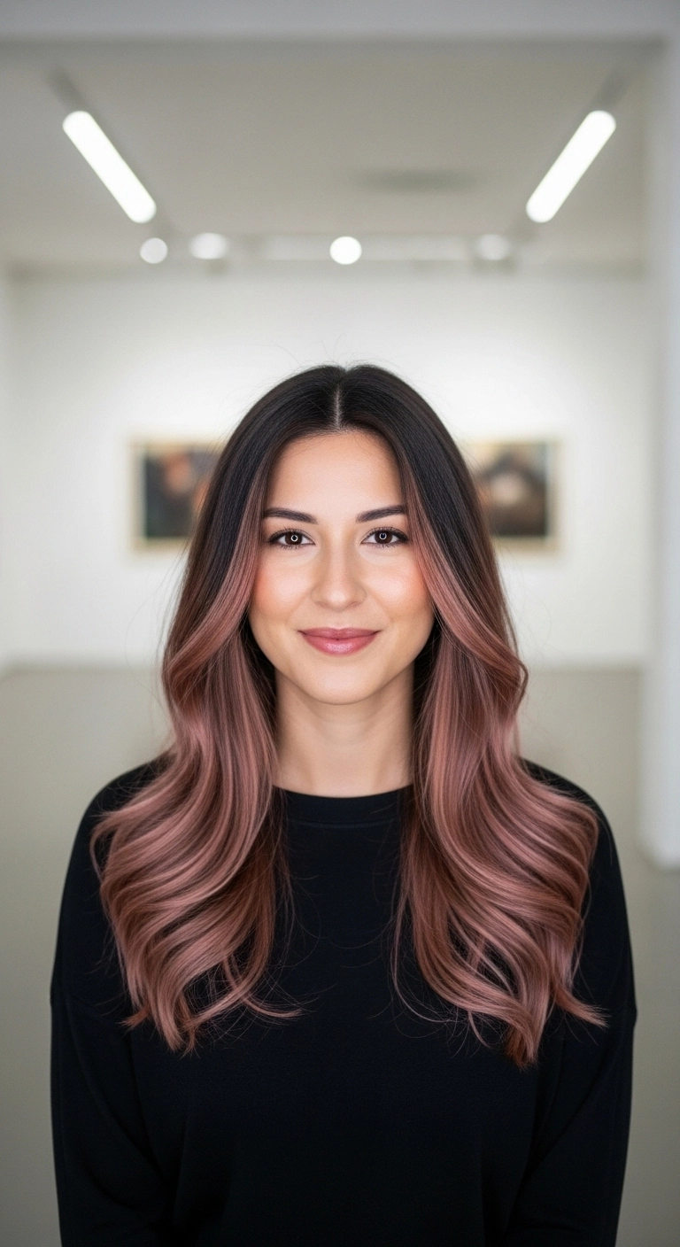 Dusty Rose Gold Balayage with Face-Framing Waves