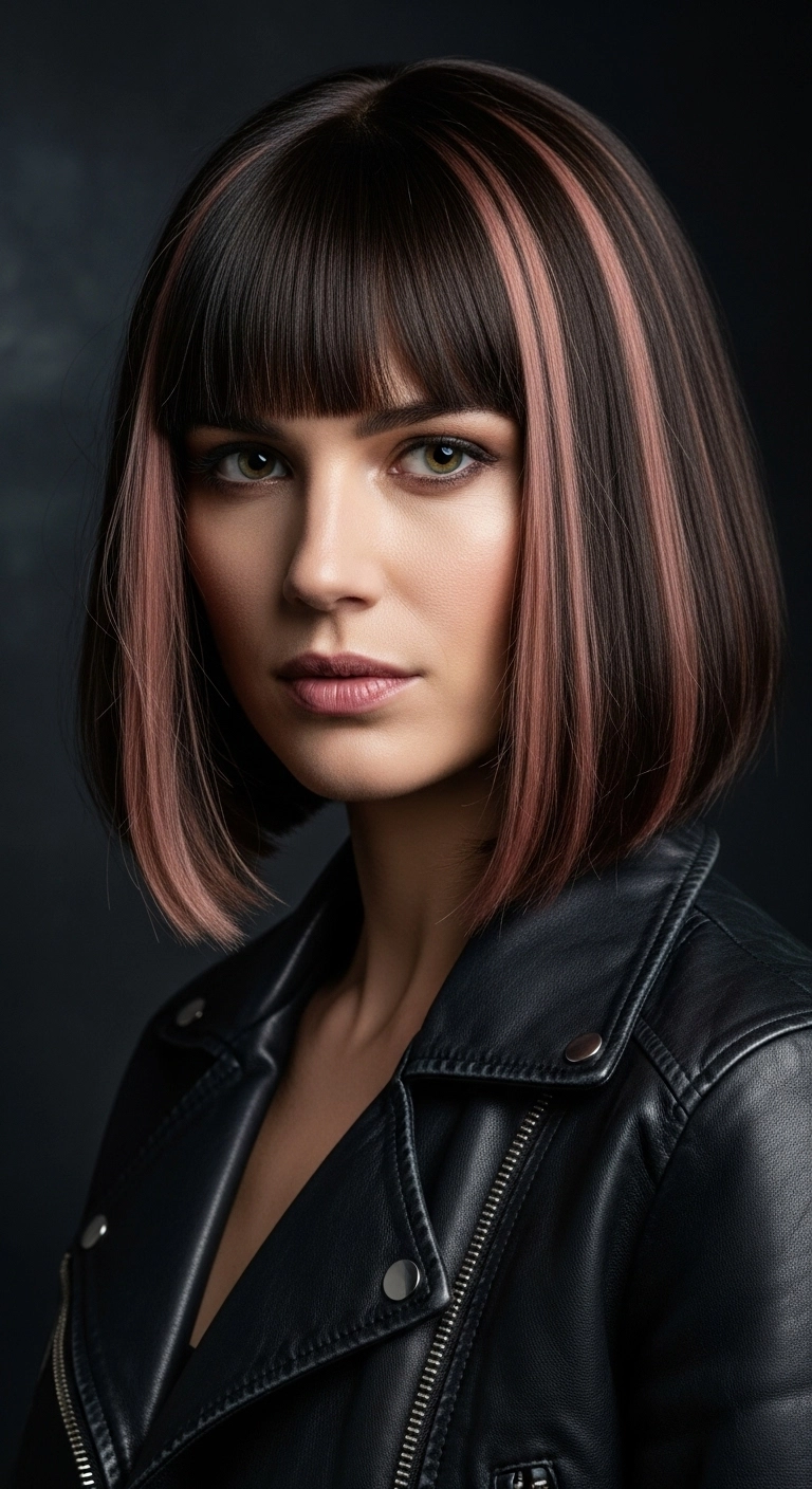 Edgy Dark Chocolate Bob with Dusty Rose Ribbon Highlights