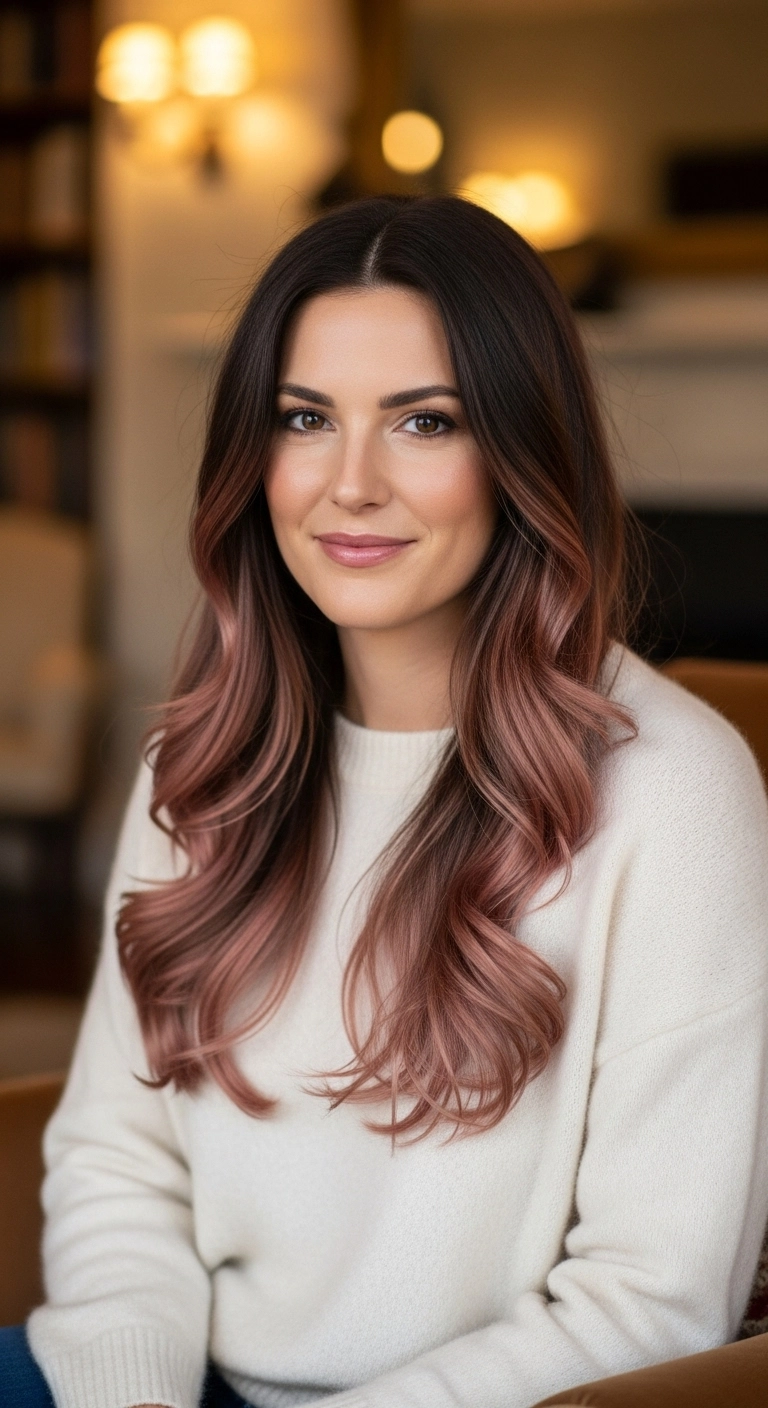 Dusty Rose Gold Ombre Waves on Dark Brunette