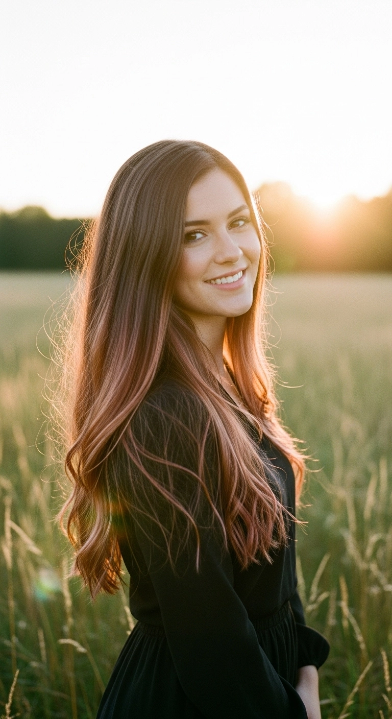 Soft Rose Gold Balayage on Brunette Long Layers