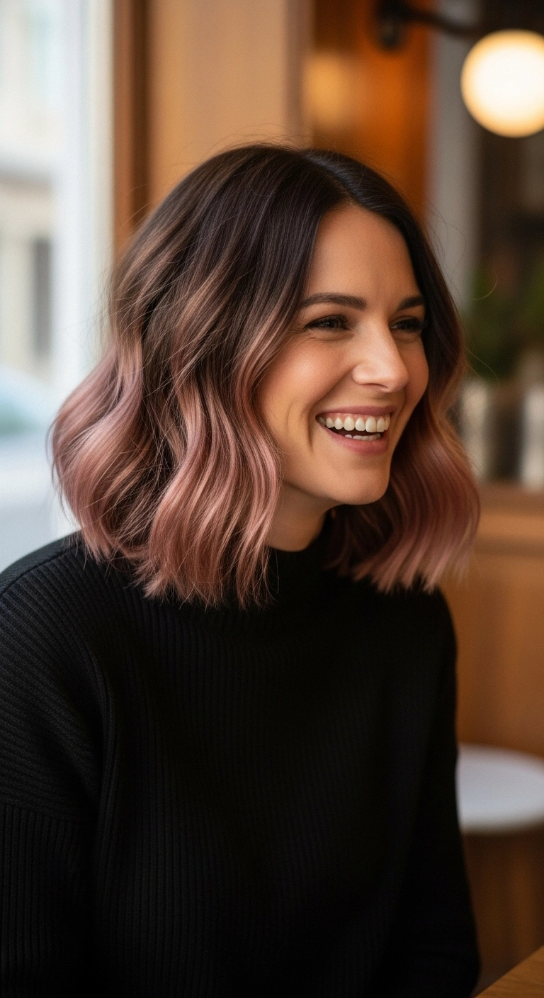 Soft Wavy Lob with Dusty Rose Gold Ombre