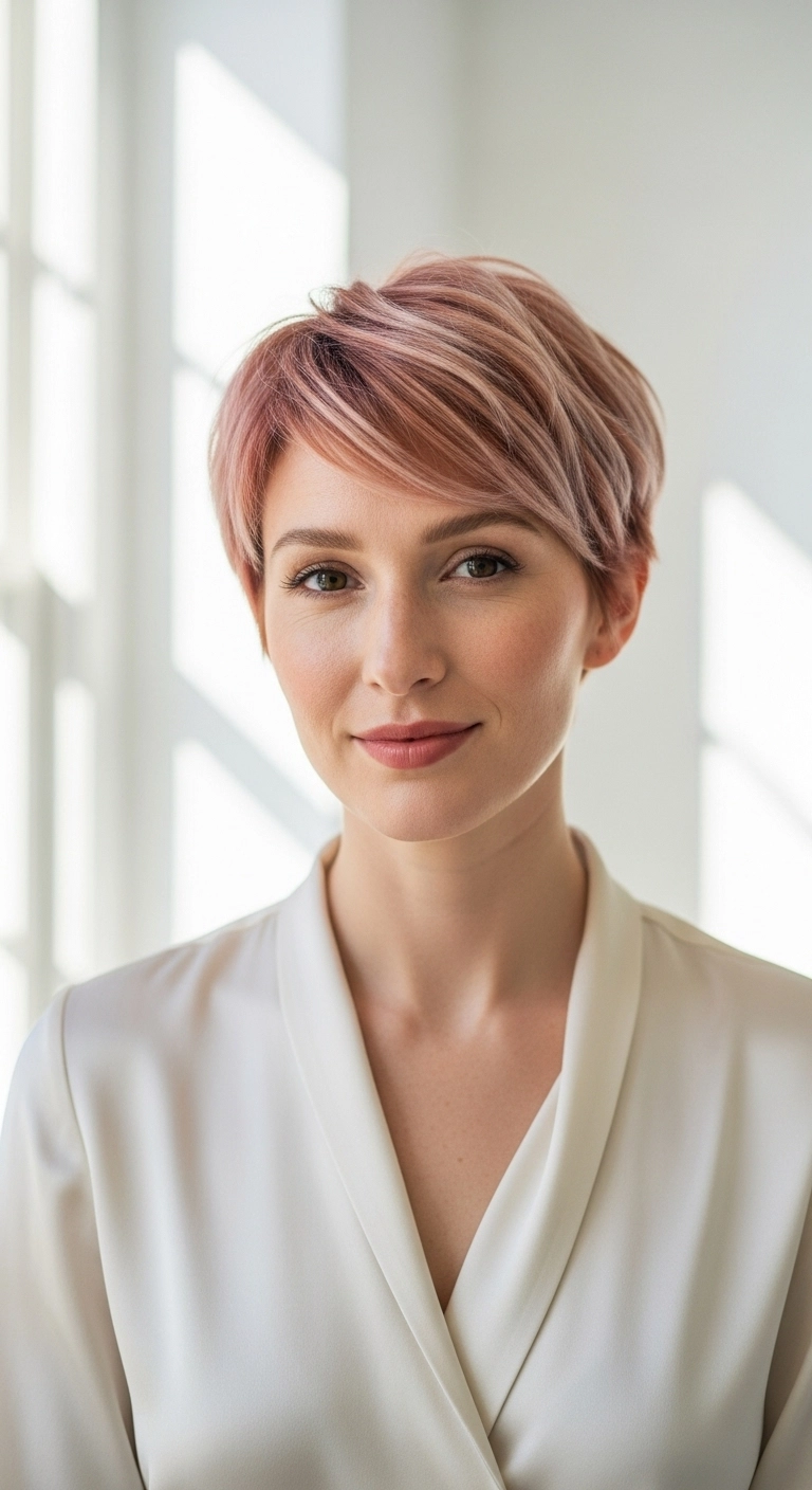 Chic Pastel Rose Gold Textured Pixie Cut