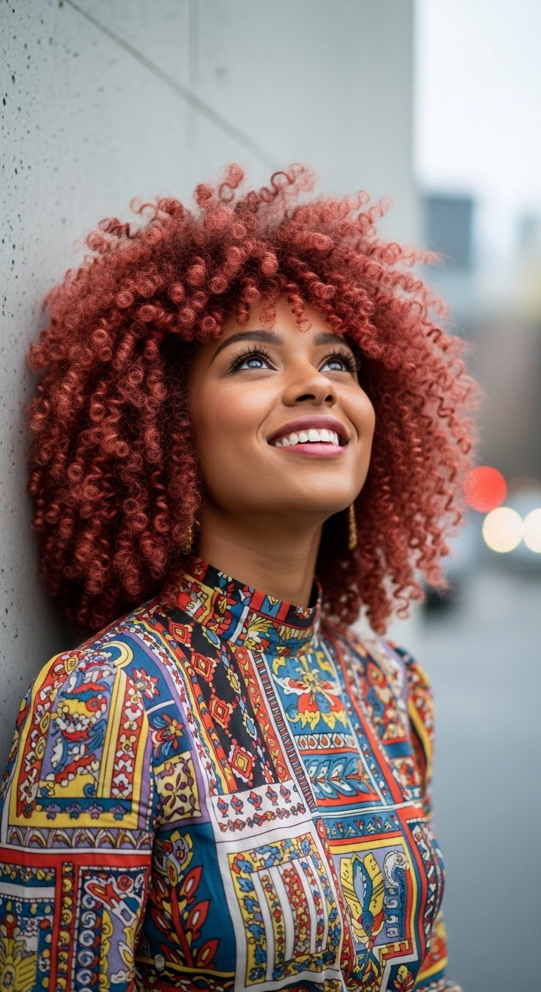 Voluminous Copper Terracotta Curly Bob with Fringe