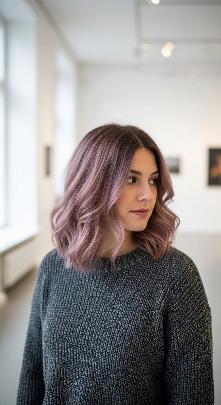 Smoky Dusty Mauve Shadow Root Wavy Lob