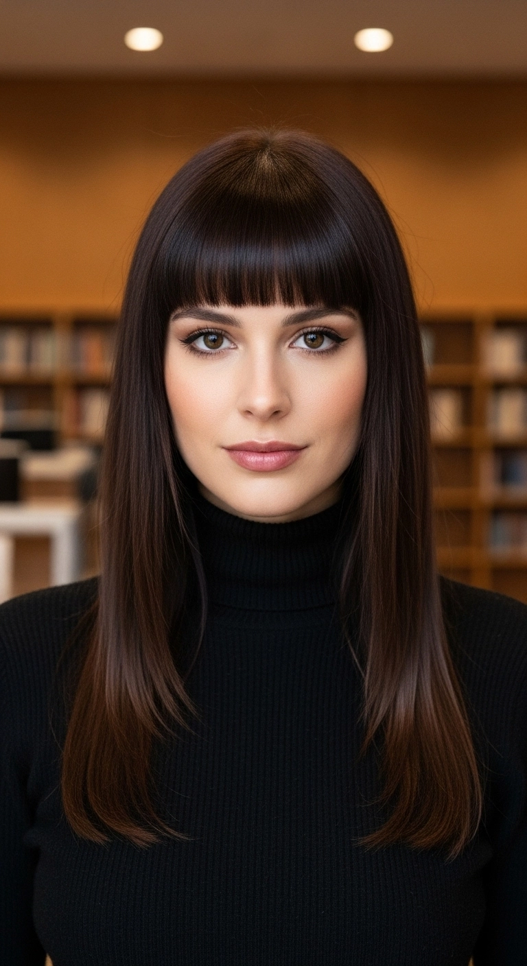 Sleek Espresso Long Layers with Blunt Fringe