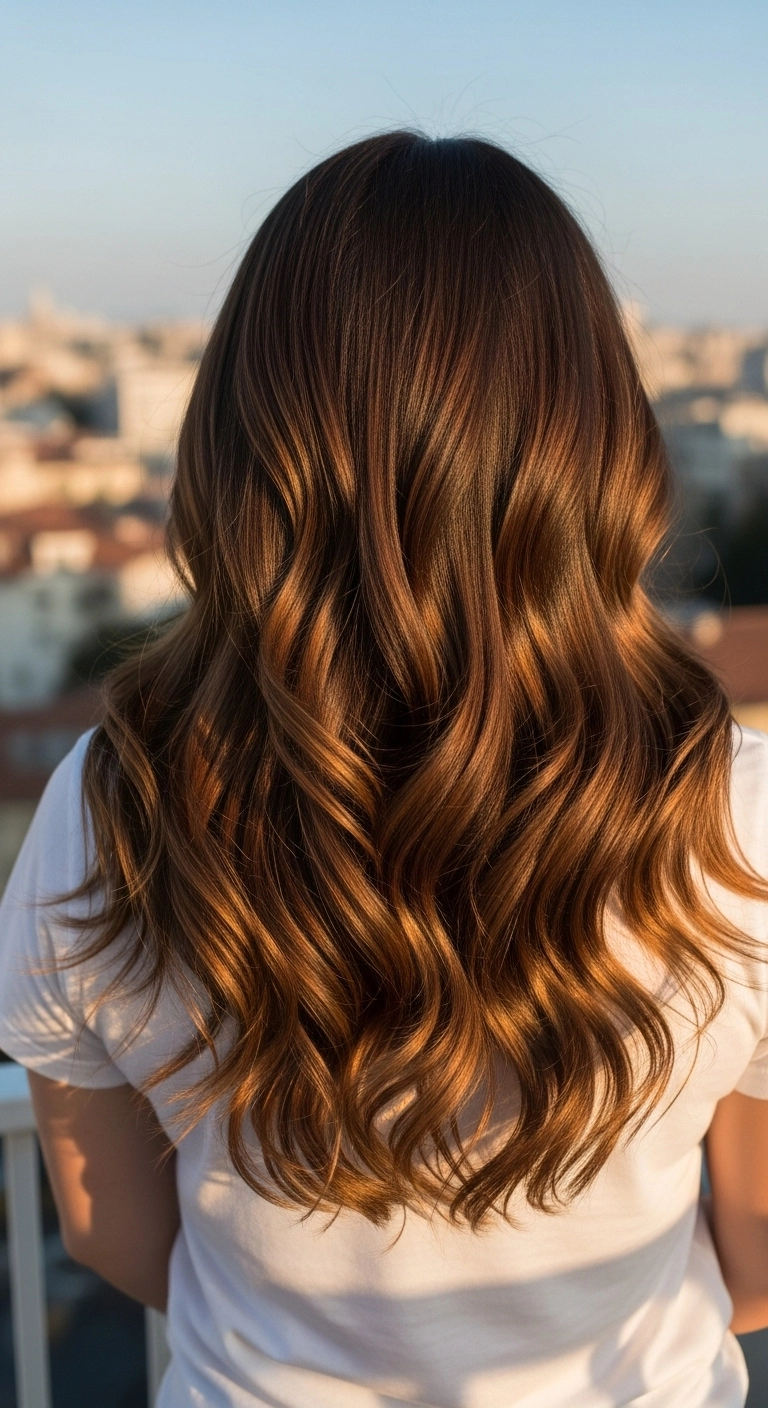 Warm Caramel Balayage on Long Layered Waves