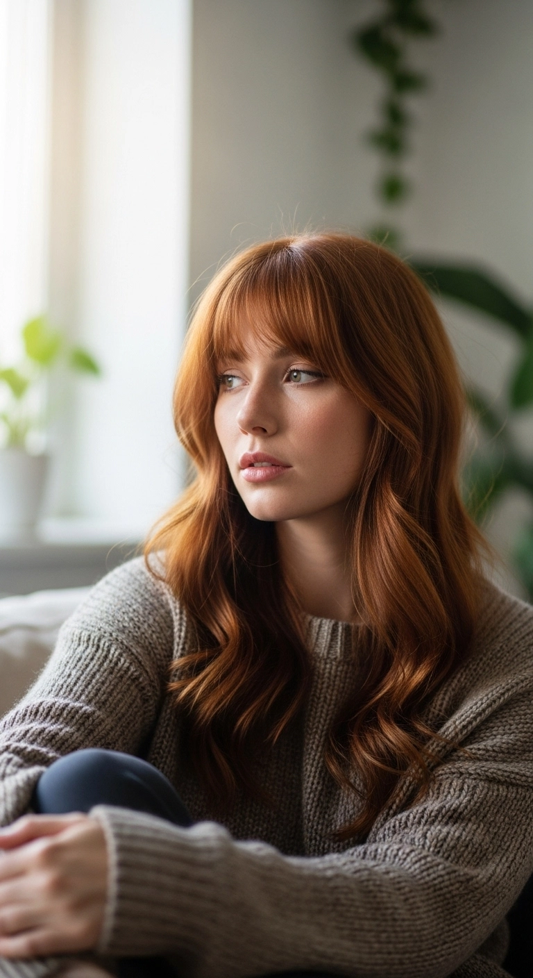 Lived-In Warm Copper Waves with Birkin Bangs