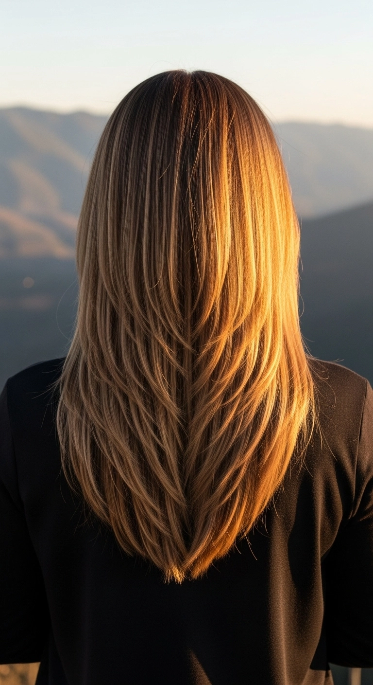 Sculpted V-Cut with Cascading Layers and Warm Honey Balayage