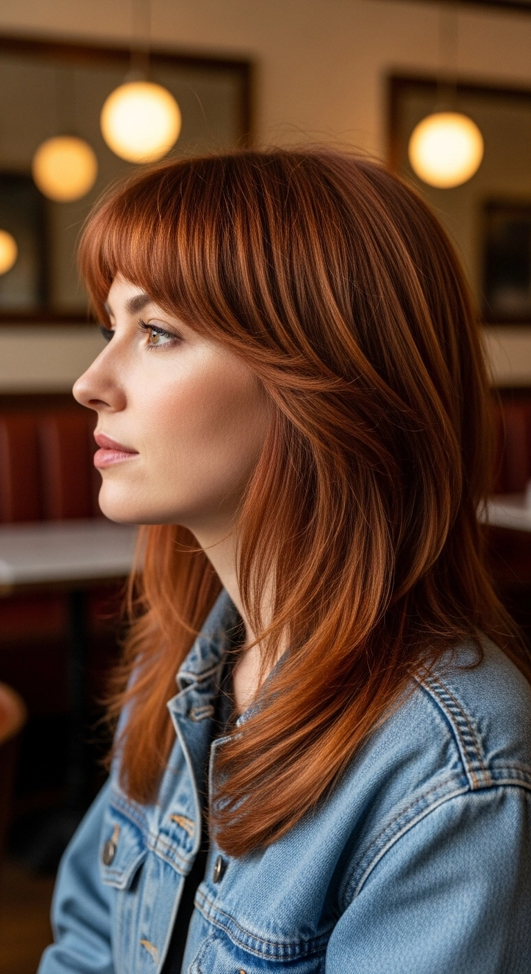 70s-Inspired Feathered Copper Lob with Brow-Skimming Bangs