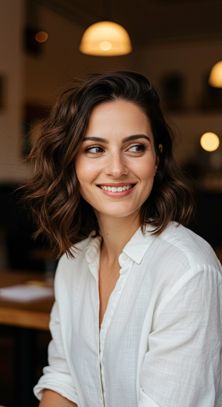 Tousled Chocolate Brown Lob with Lived-In Waves
