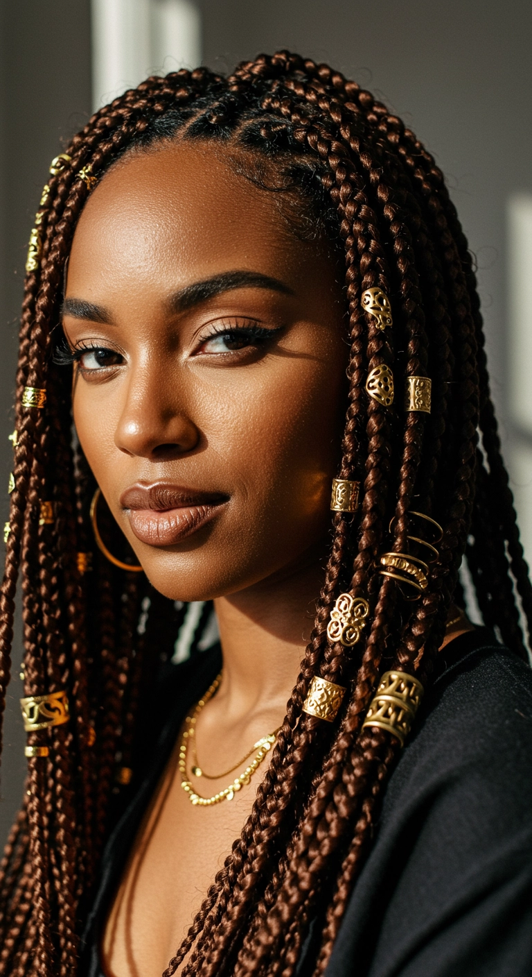 Warm Chocolate Box Braids with Golden Hair Jewelry