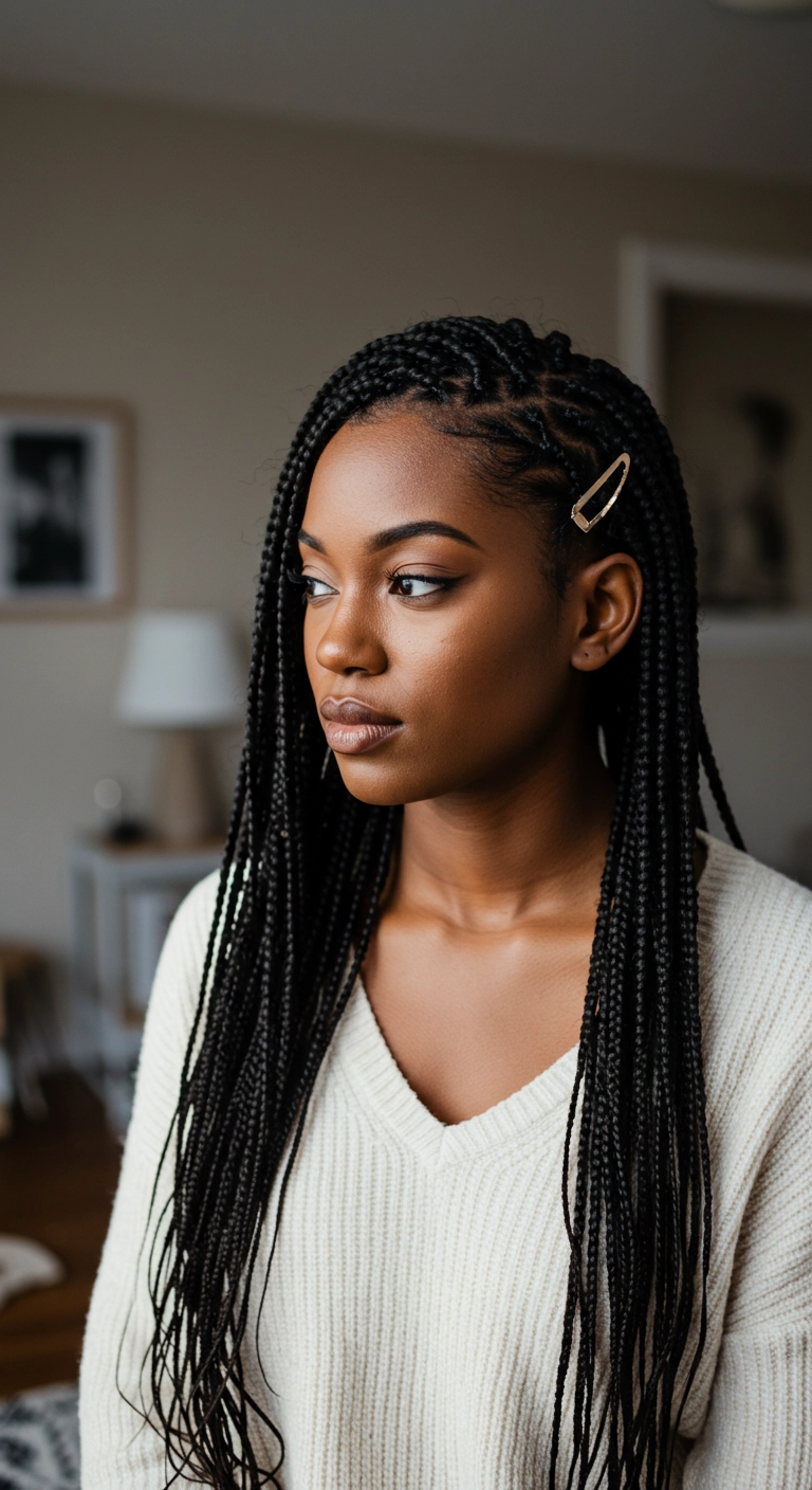 Sleek Long Knotless Box Braids with Gold Barrette