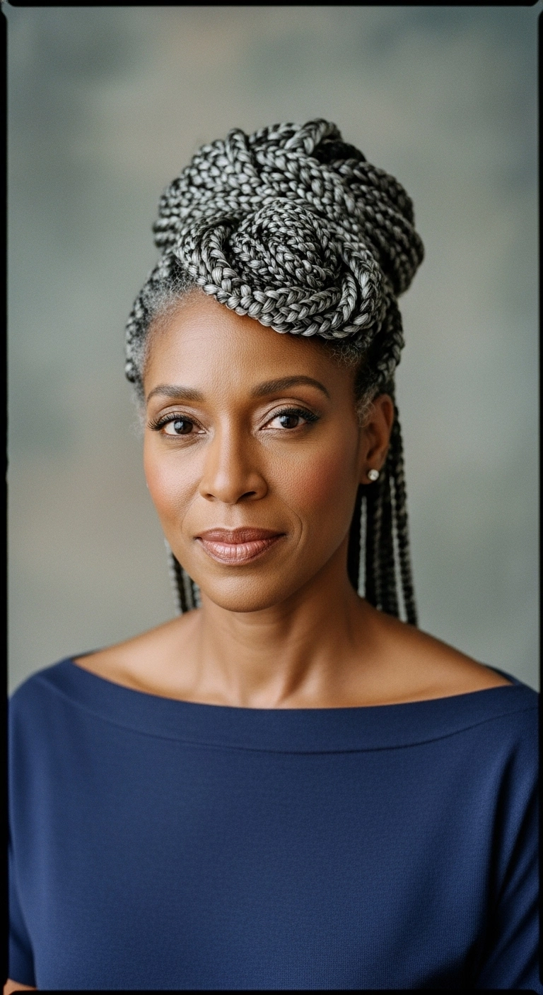 Sculpted Silver Box Braid High Crown Updo