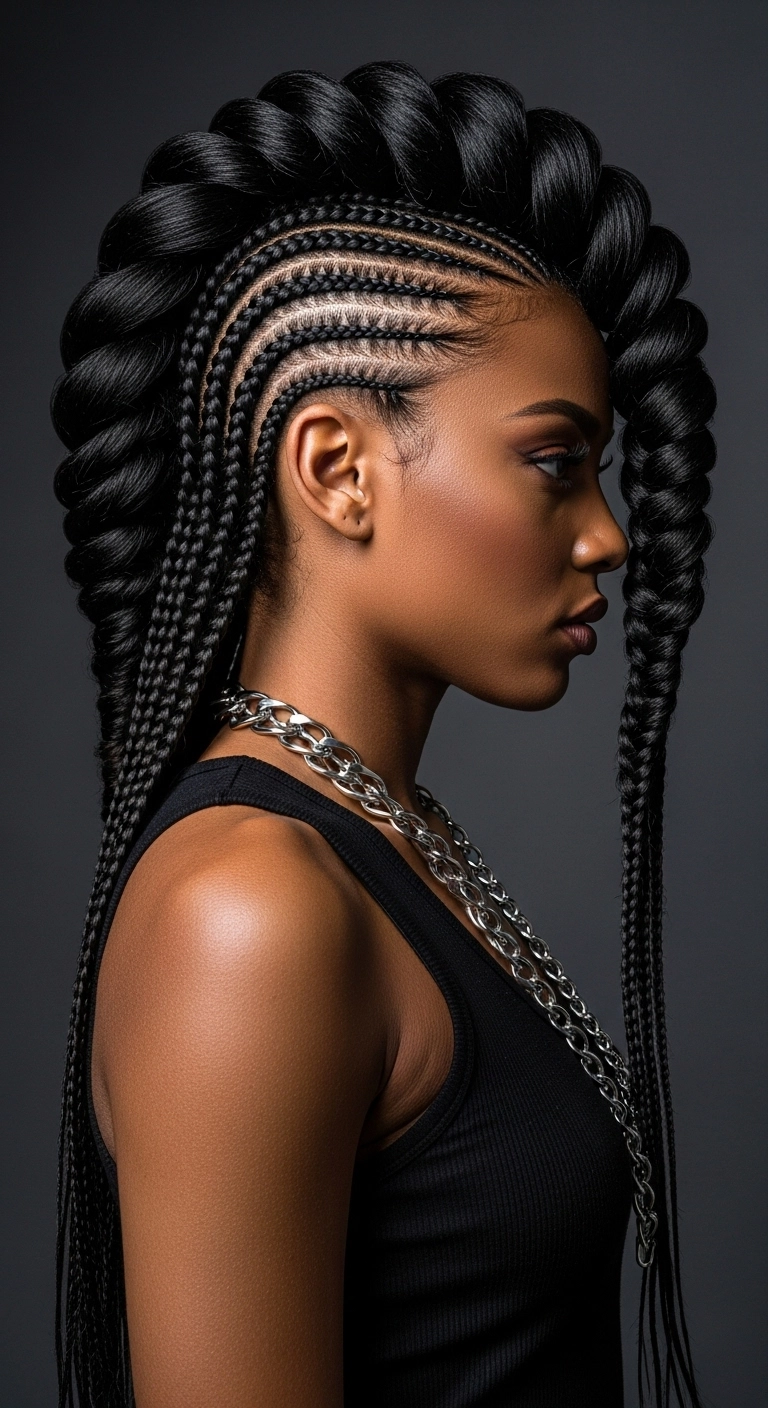 Sculpted Braided Mohawk with Curved Side Cornrows