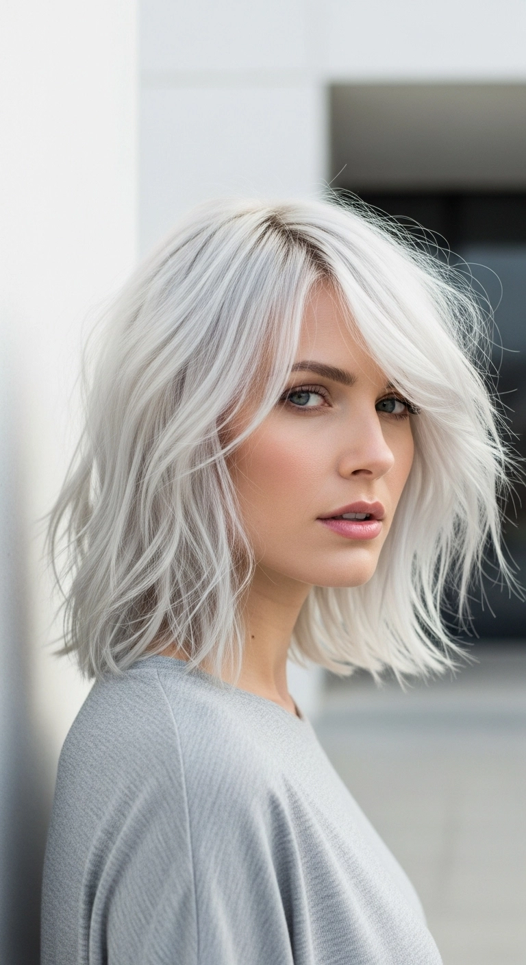 Icy Platinum Textured Lob with Sweeping Fringe