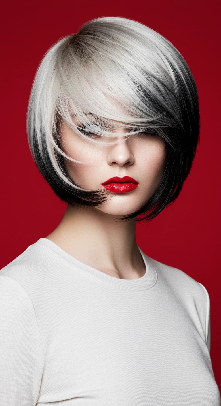 Two-Tone Rounded Bob with Platinum & Black Color Blocking