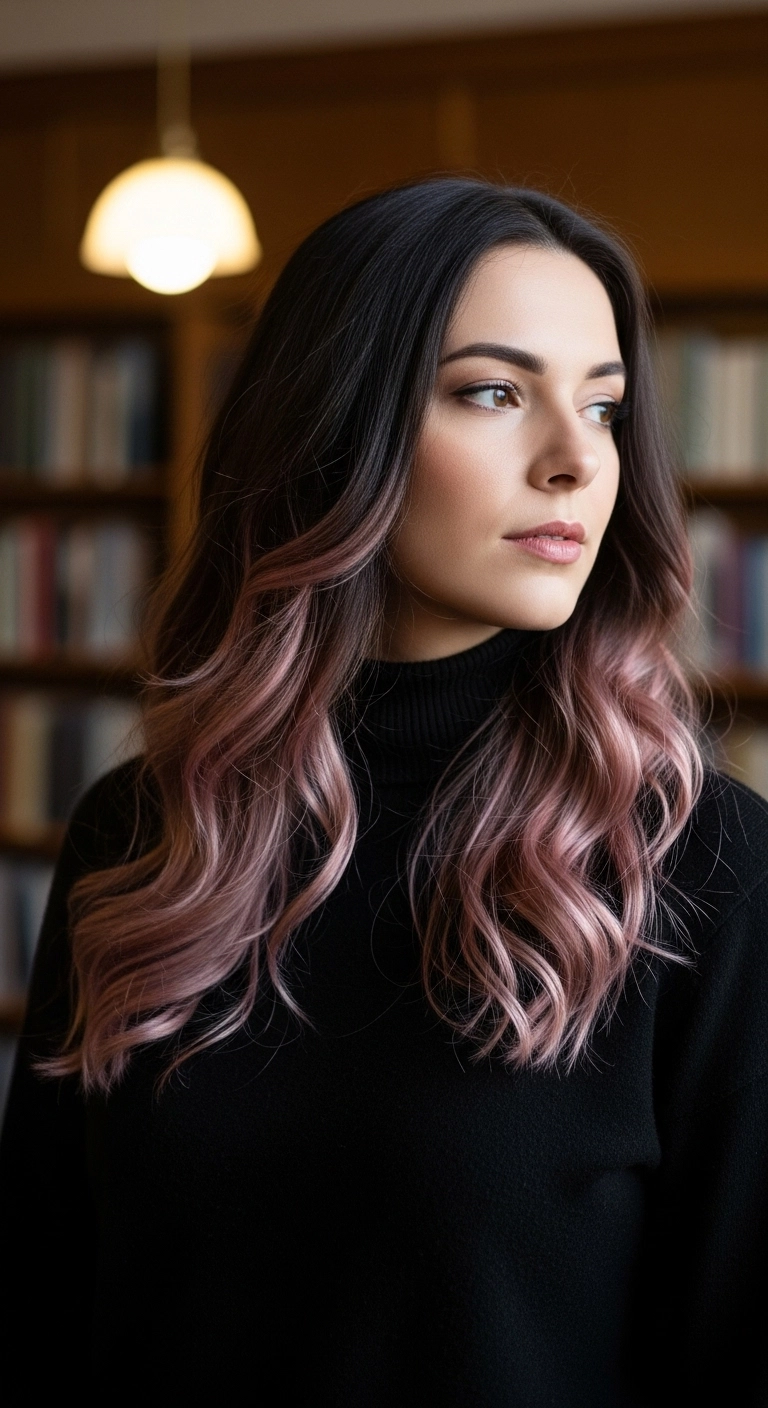 Smoky Rose Gold Balayage on Dark Espresso Waves